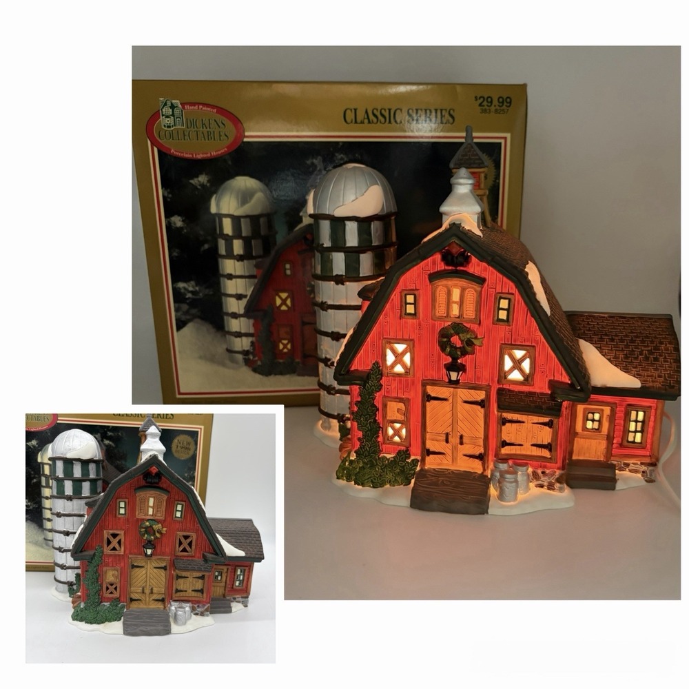 VTG 1998 Dickens Collectables Village Dairy Barn w/ Silo Lighted + Box 383-8257